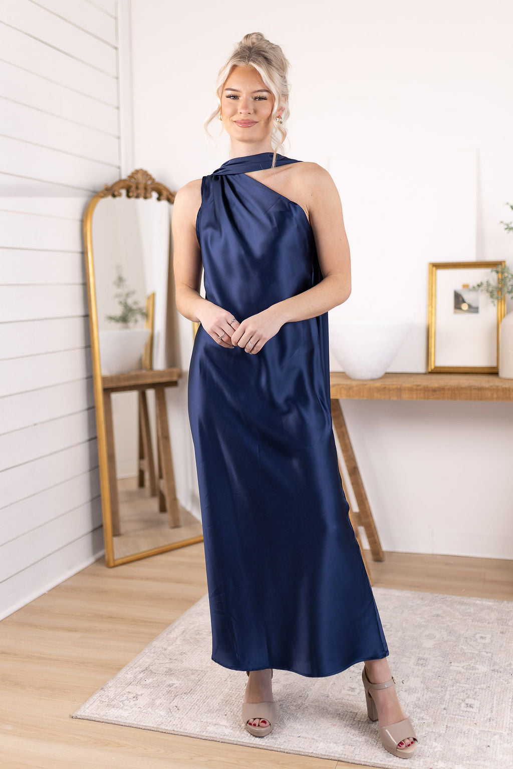 Satin Scarf Dress | Navy