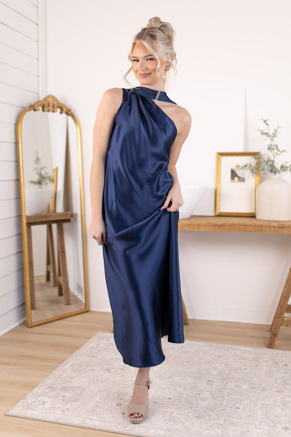 Satin Scarf Dress | Navy
