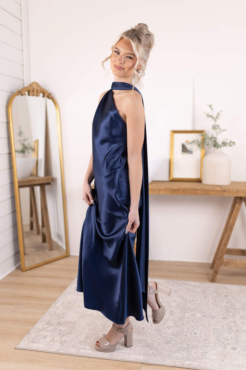 Satin Scarf Dress | Navy