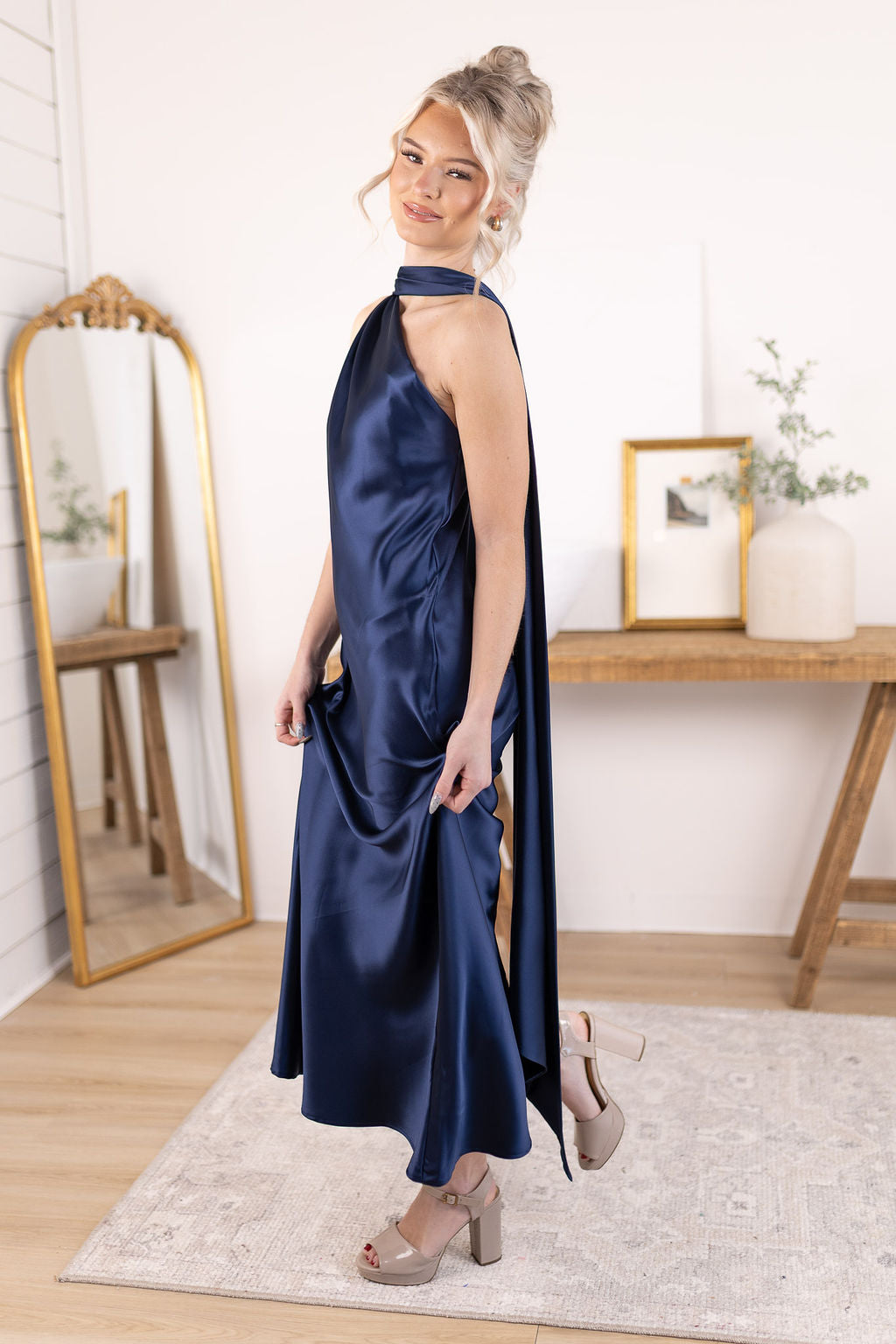 Satin Scarf Dress | Navy