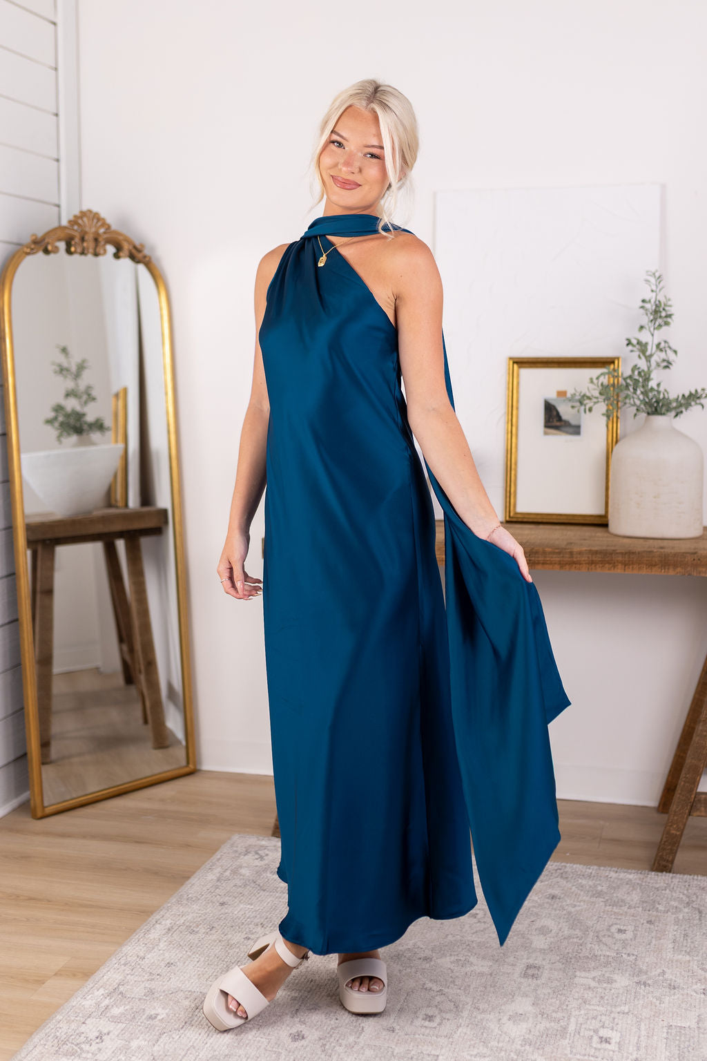 Satin Scarf Dress | Teal