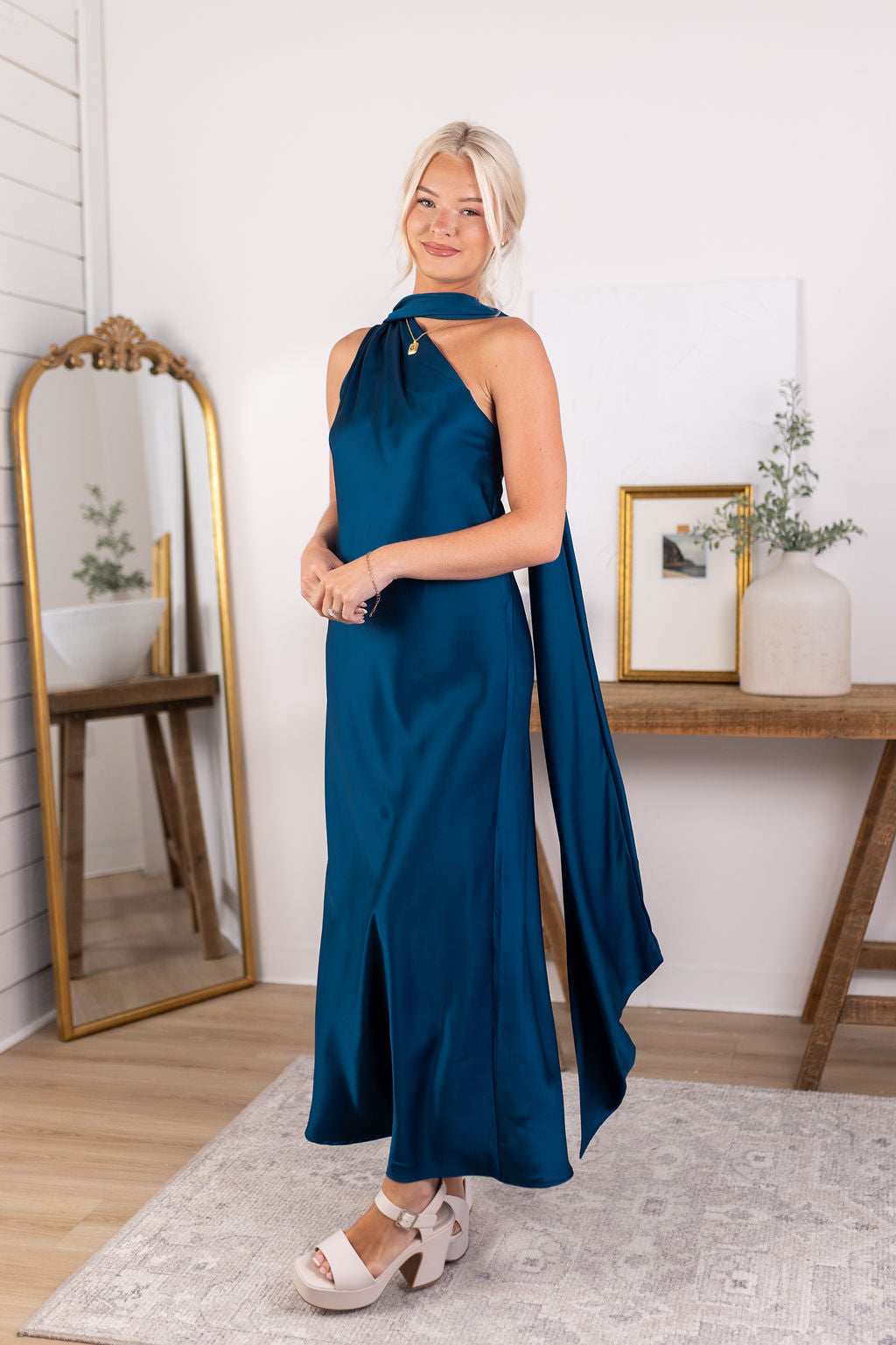 Satin Scarf Dress | Teal