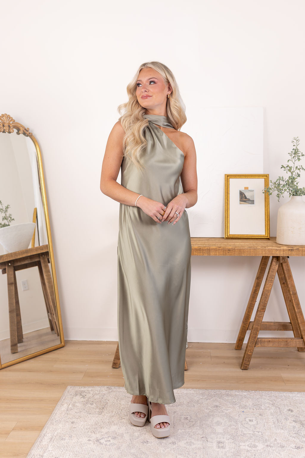 Satin Scarf Dress | Sage