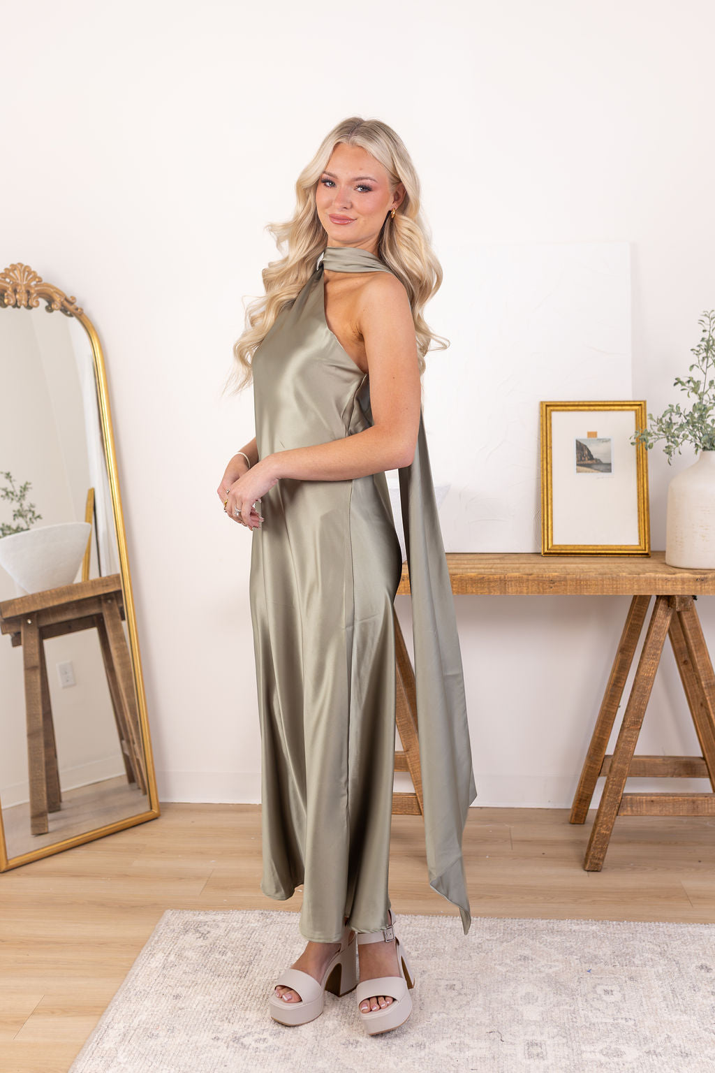 Satin Scarf Dress | Sage