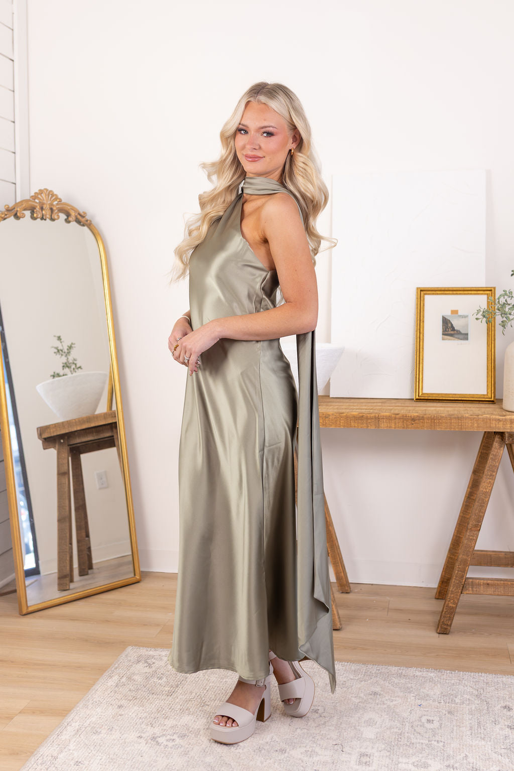 Satin Scarf Dress | Sage