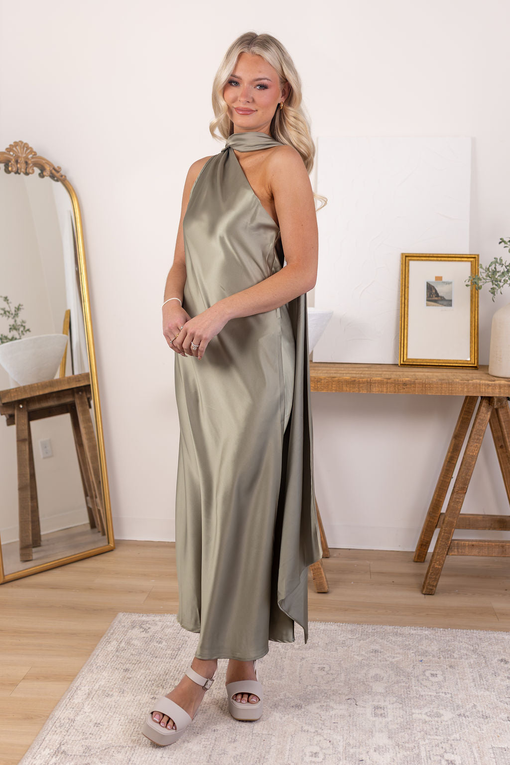 Satin Scarf Dress | Sage