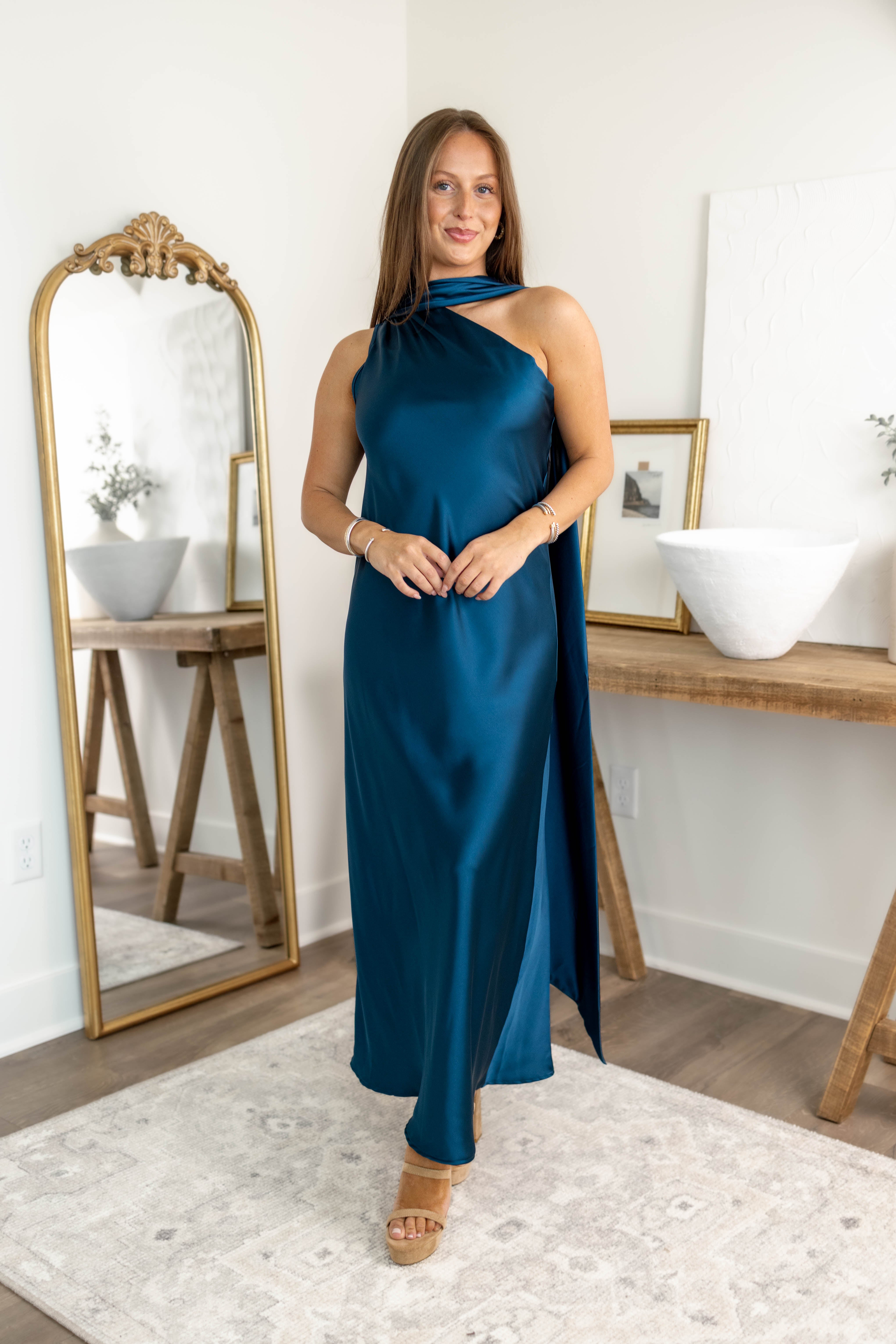 Teal Scarf Satin Dress
