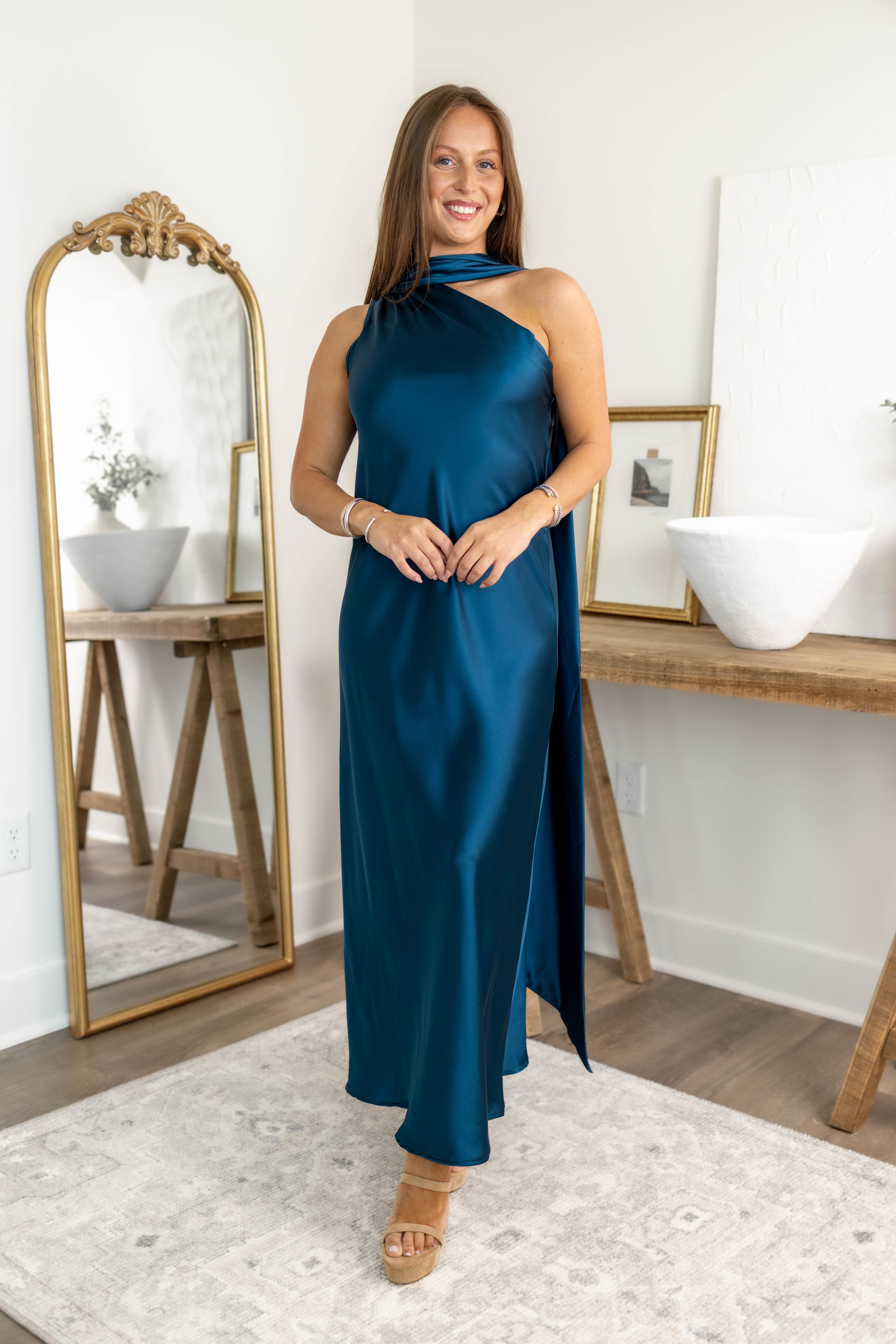 Teal Scarf Satin Dress