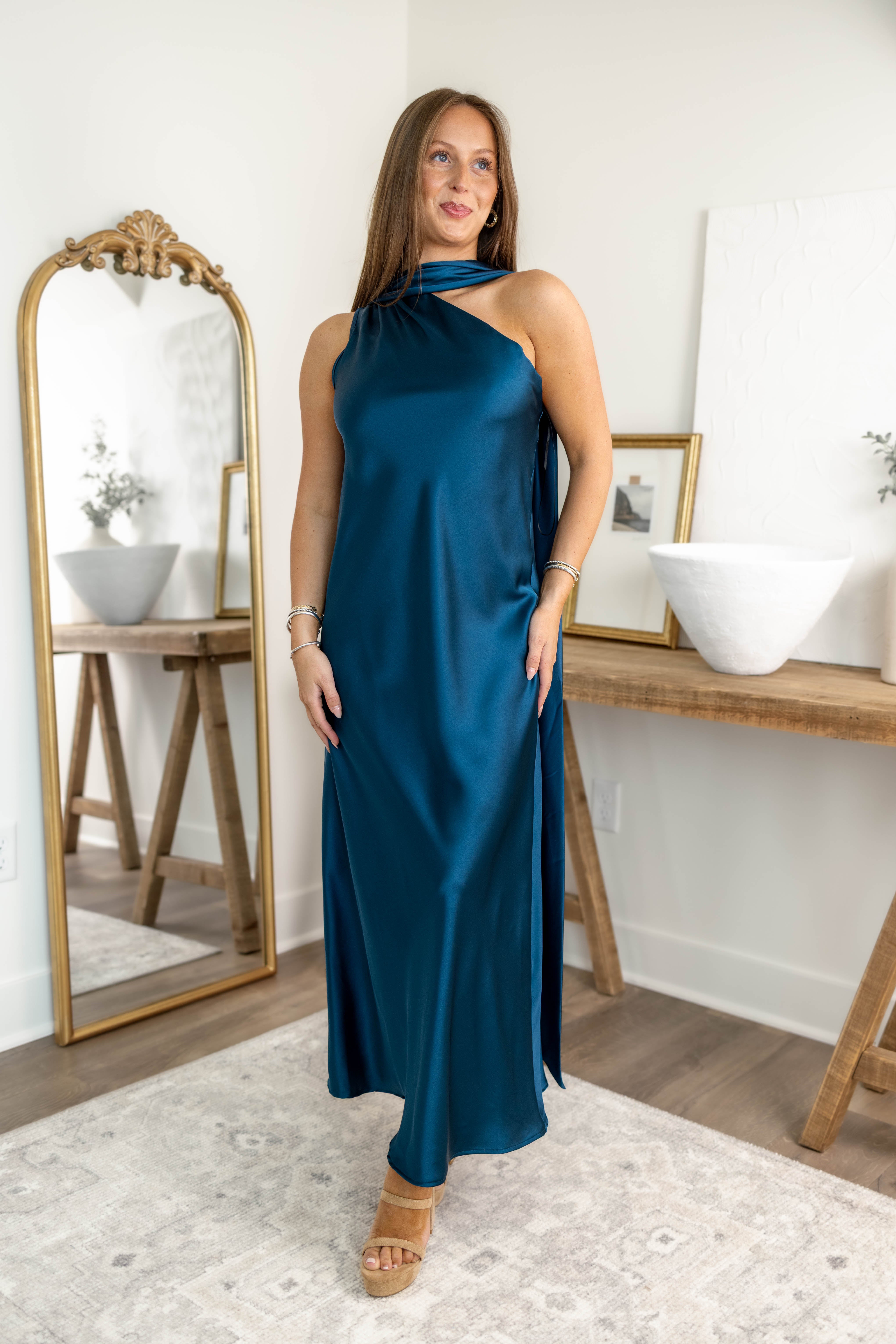Teal Scarf Satin Dress