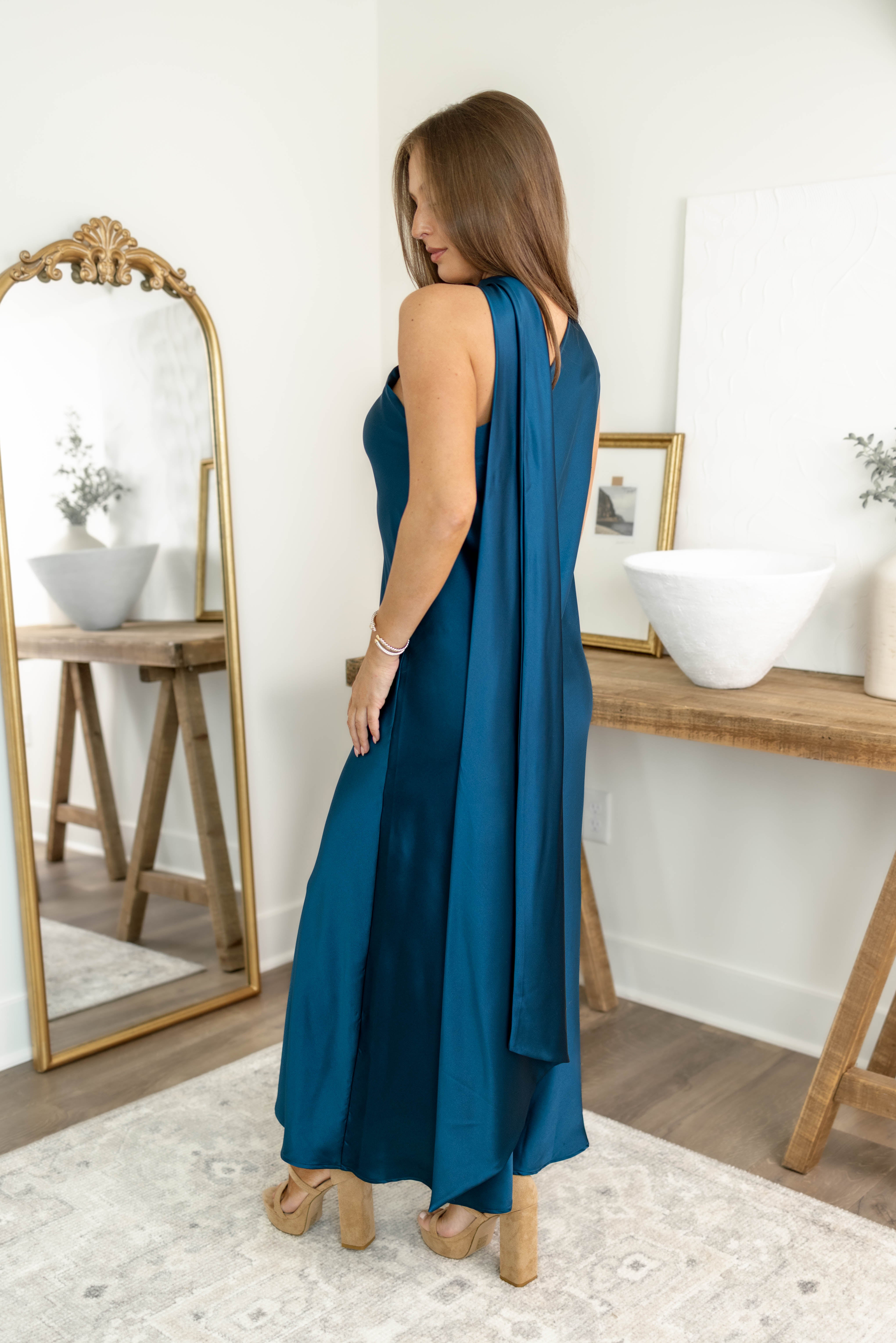 Teal Scarf Satin Dress