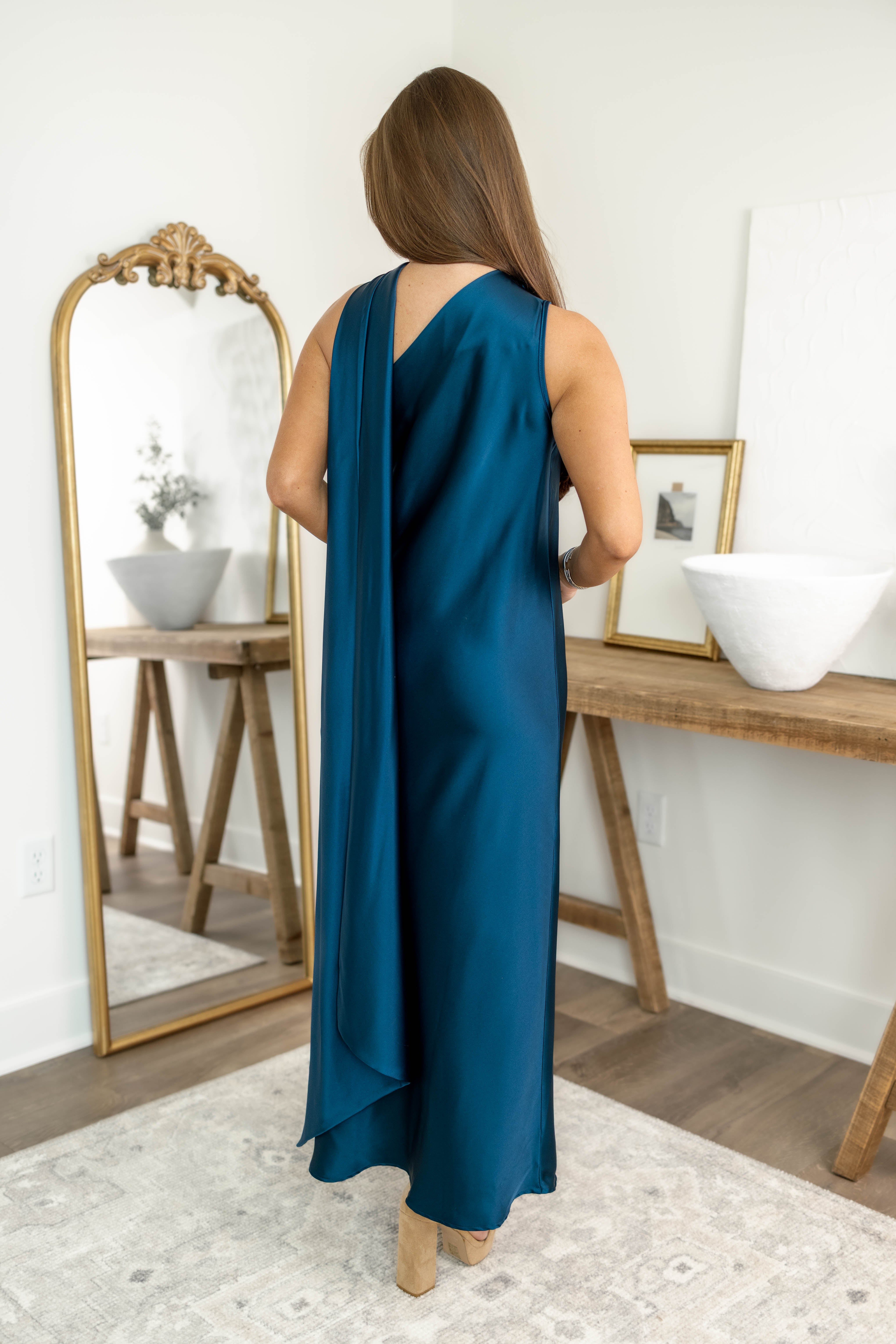 Teal Scarf Satin Dress