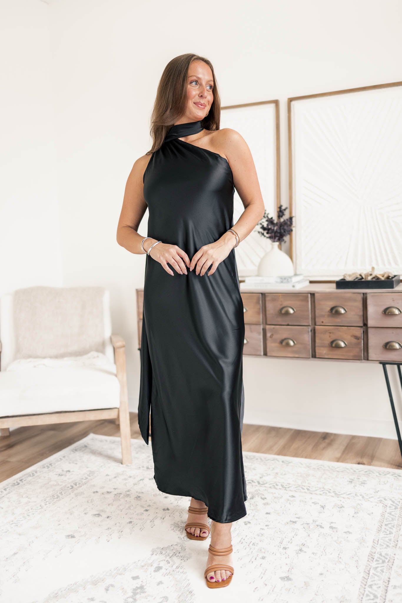black satin dress with neck scarf Six Stories Bridesmaid chiffon satin maxi dress with neck scarf in black