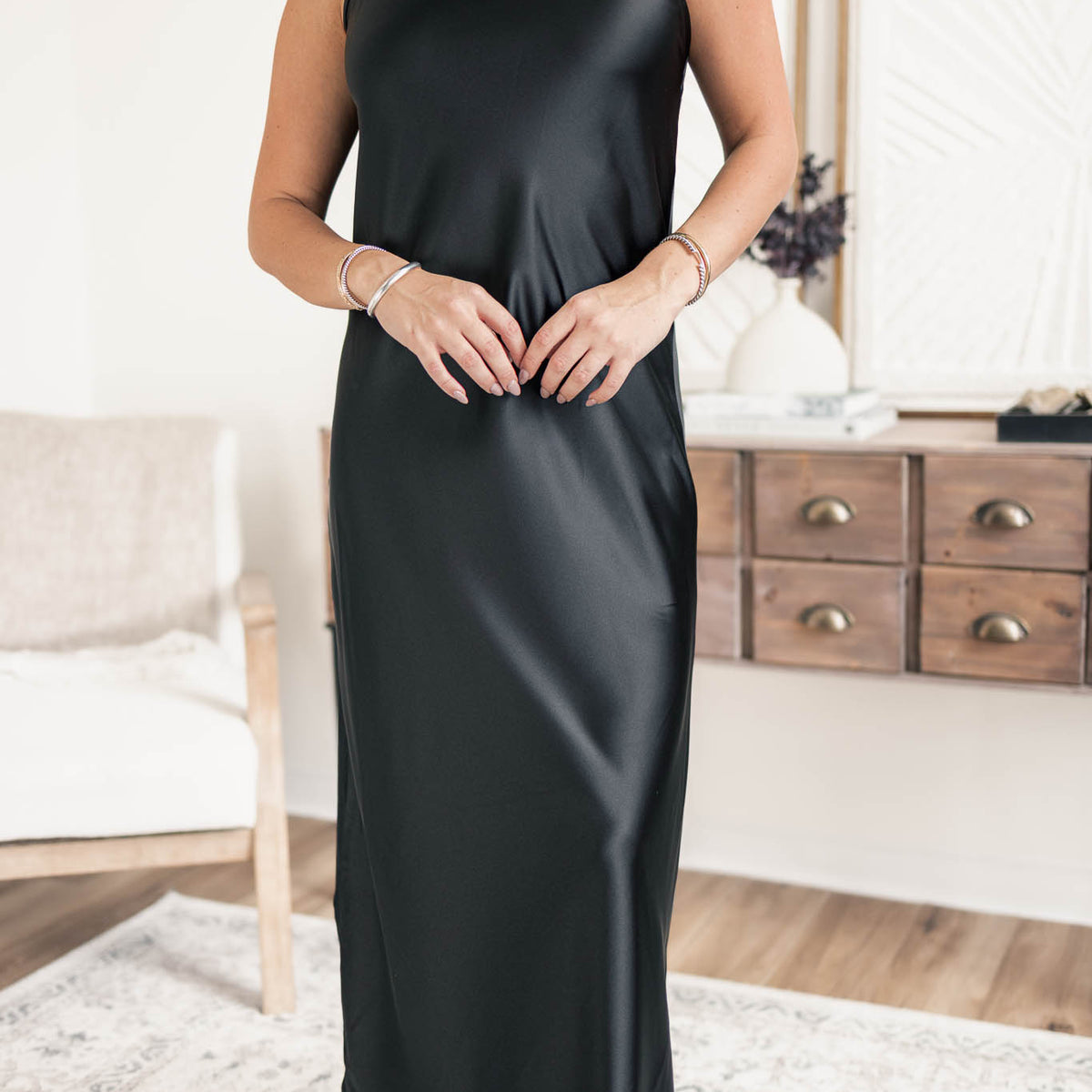black satin dress with neck scarf Roma Black One-Shoulder Scarf Silk Dress SILKROSE