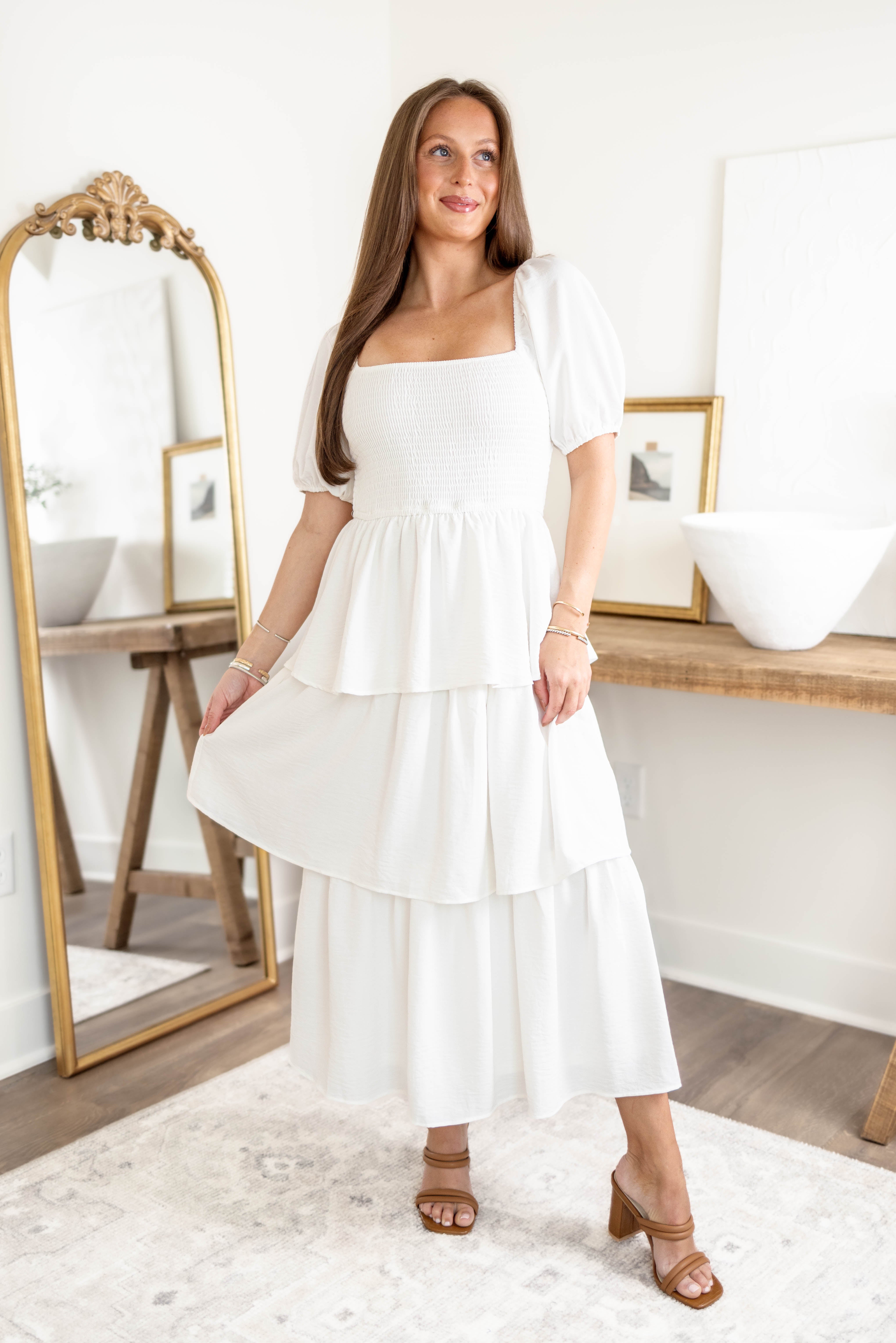 Laken Smocked Midi Dress | Ivory