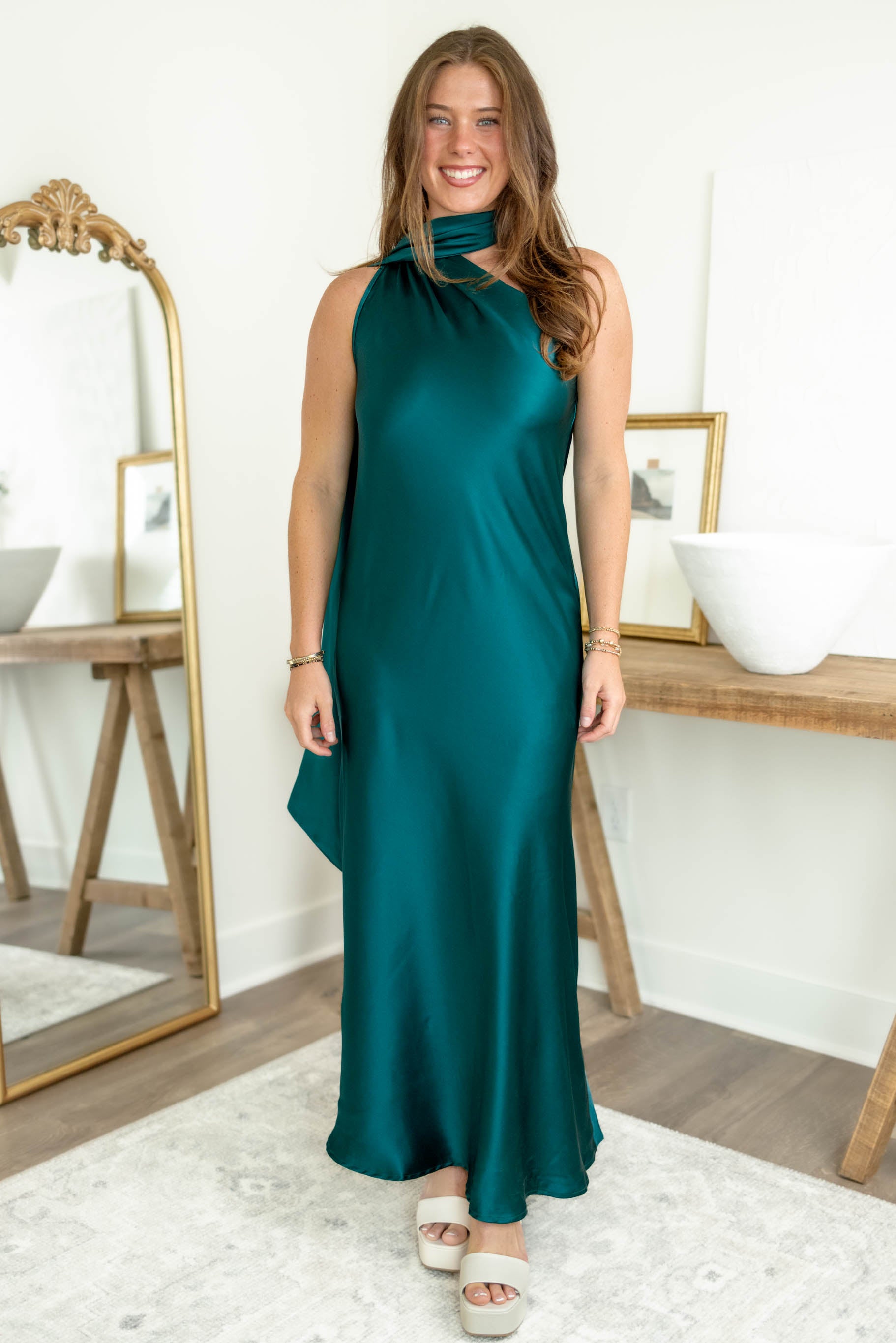 Satin Scarf Dress | Emerald