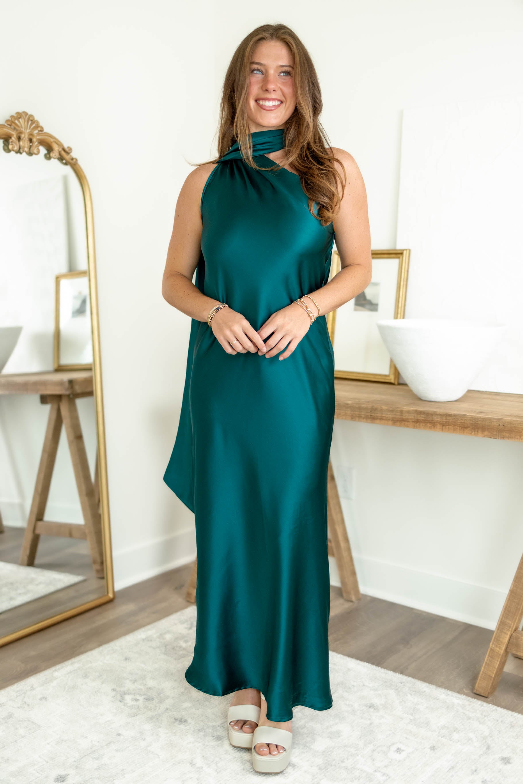 Satin Scarf Dress | Emerald