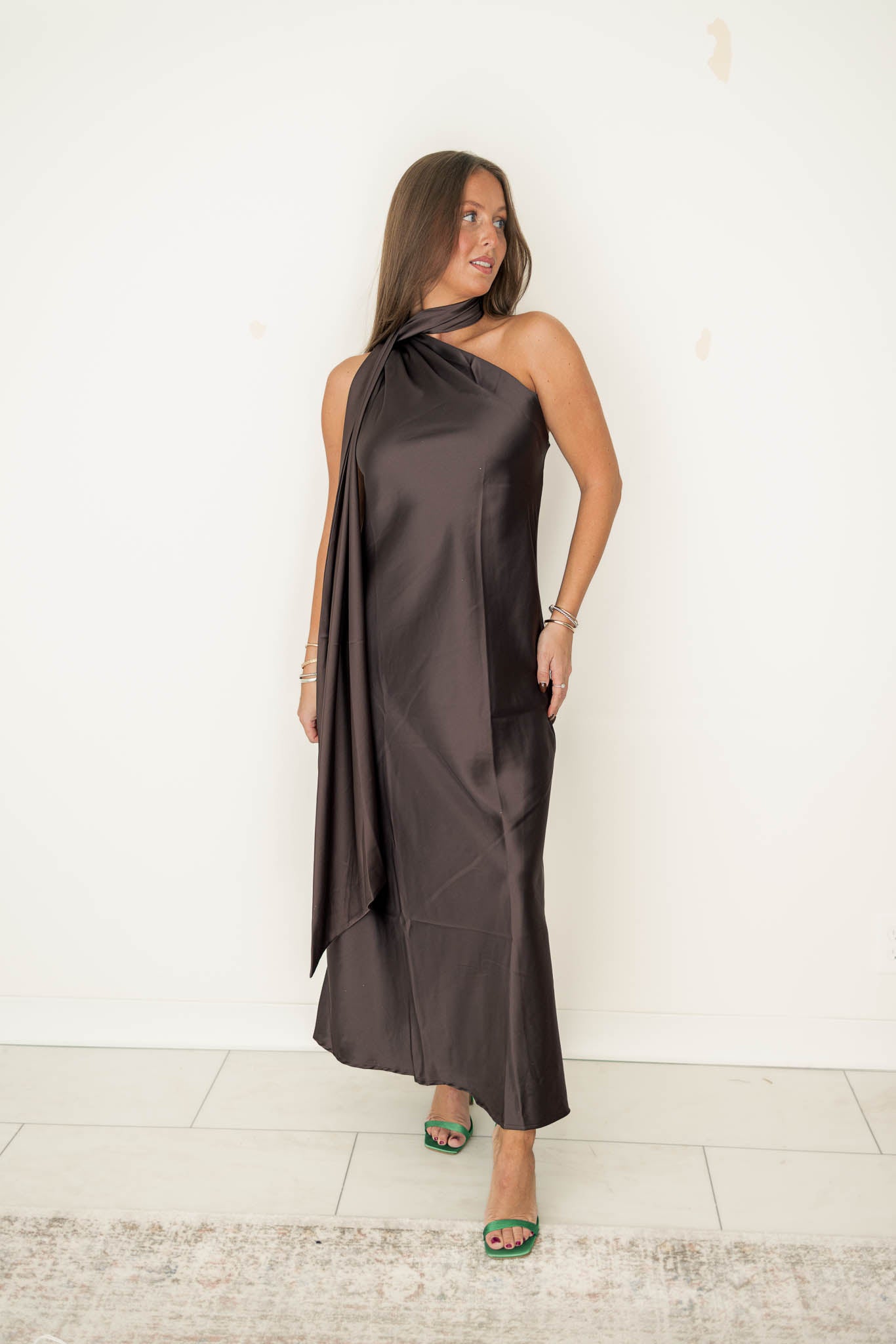 Mahogany Satin Scarf Dress
