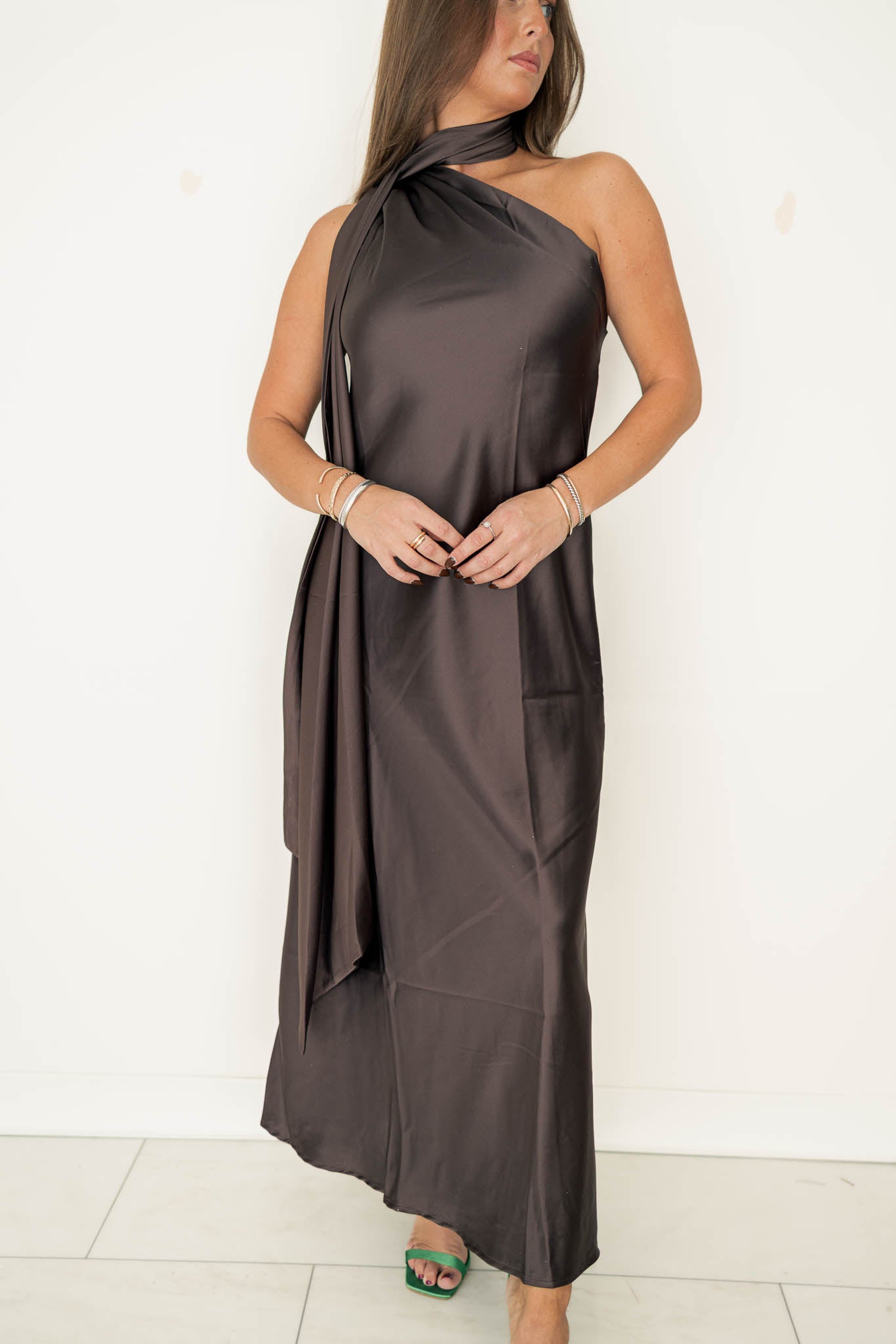 Mahogany Satin Scarf Dress