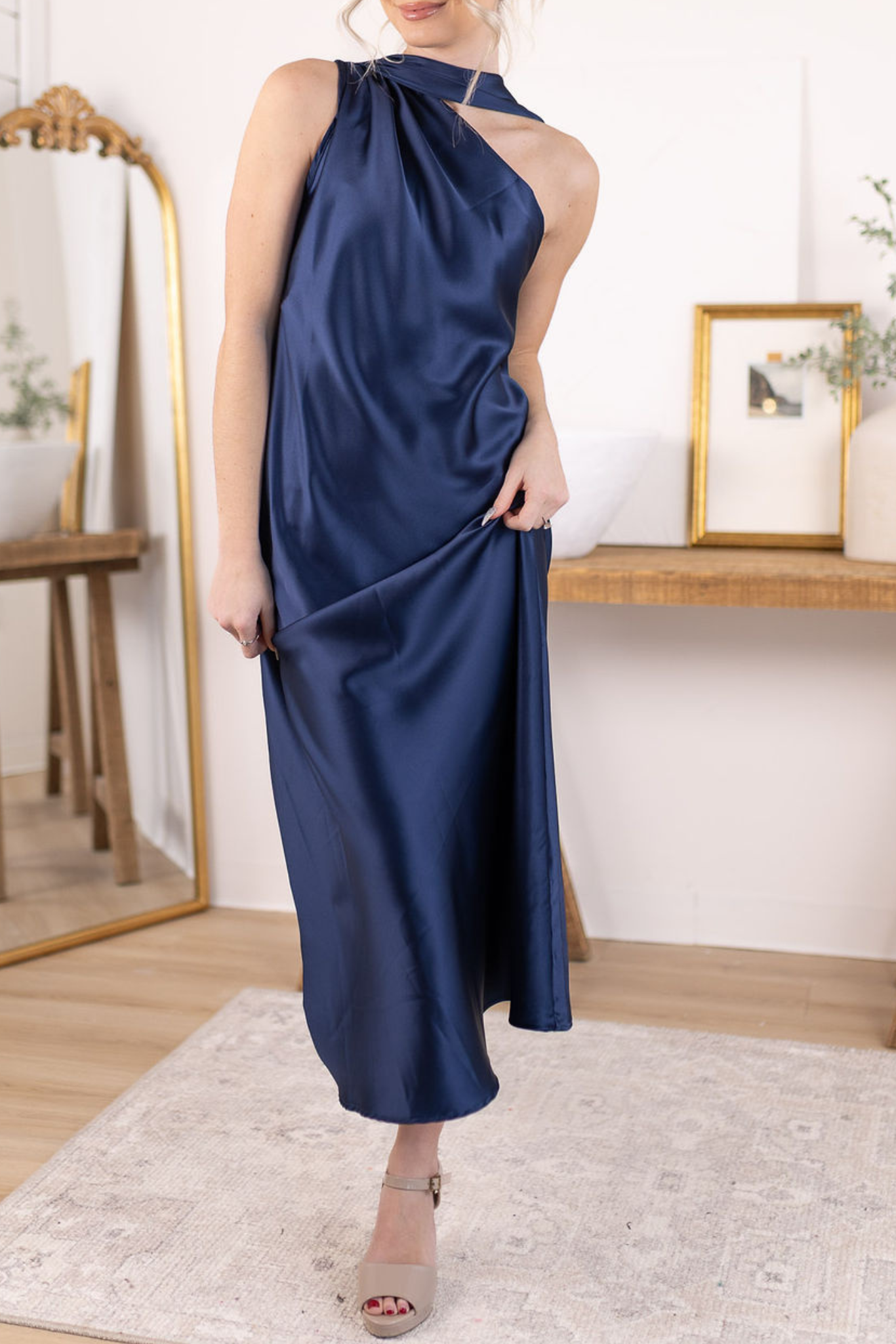 Satin Scarf Dress | Navy